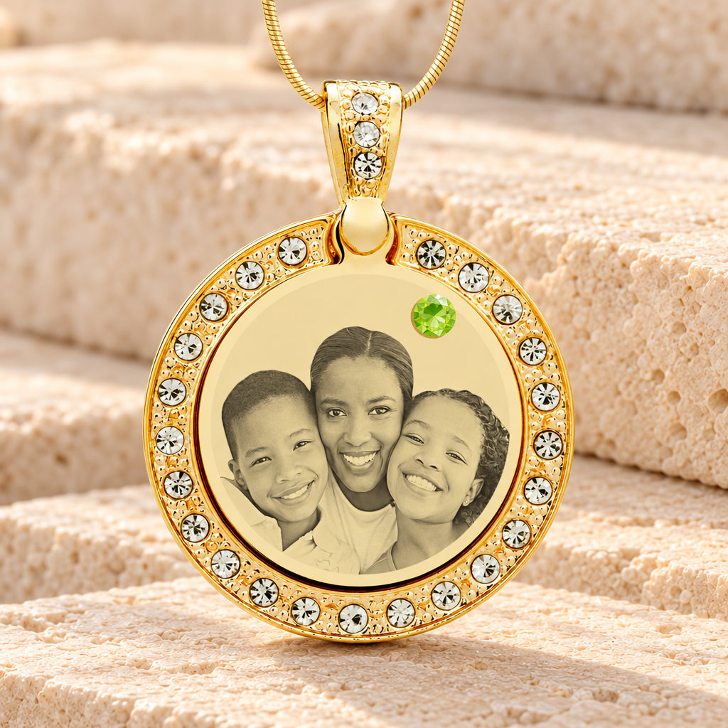 Birthstone Gem Circle August Photo Engraved Gold Plated over Stainless Keepsake — main product image