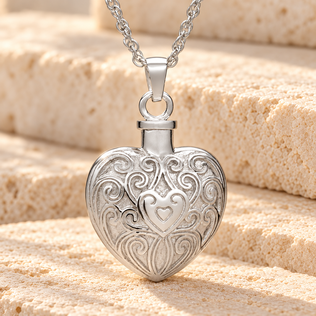 14K White Gold Filigree Love Heart Memorial Jewelry — main — evr196wg