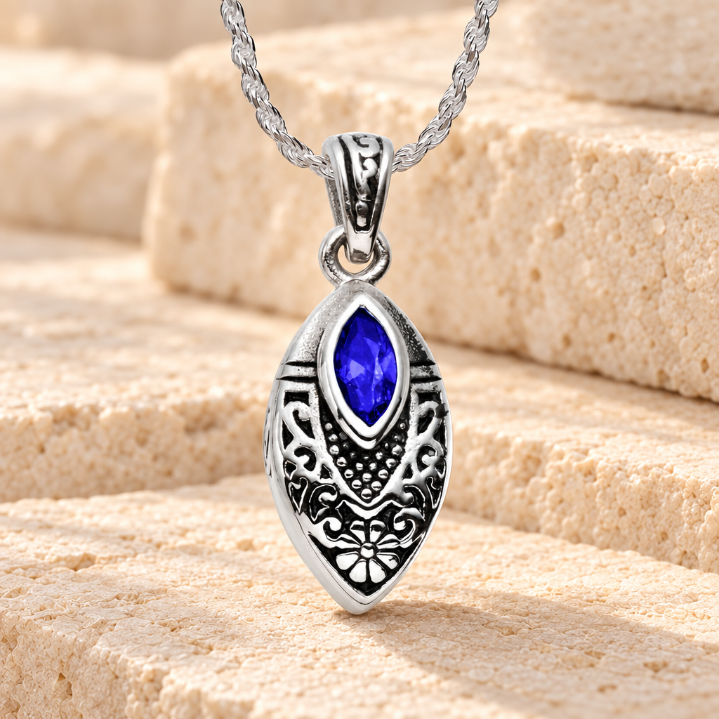Stainless Steel Ornamental Teardrop with Blue Stone Pendant Keepsake — main product image