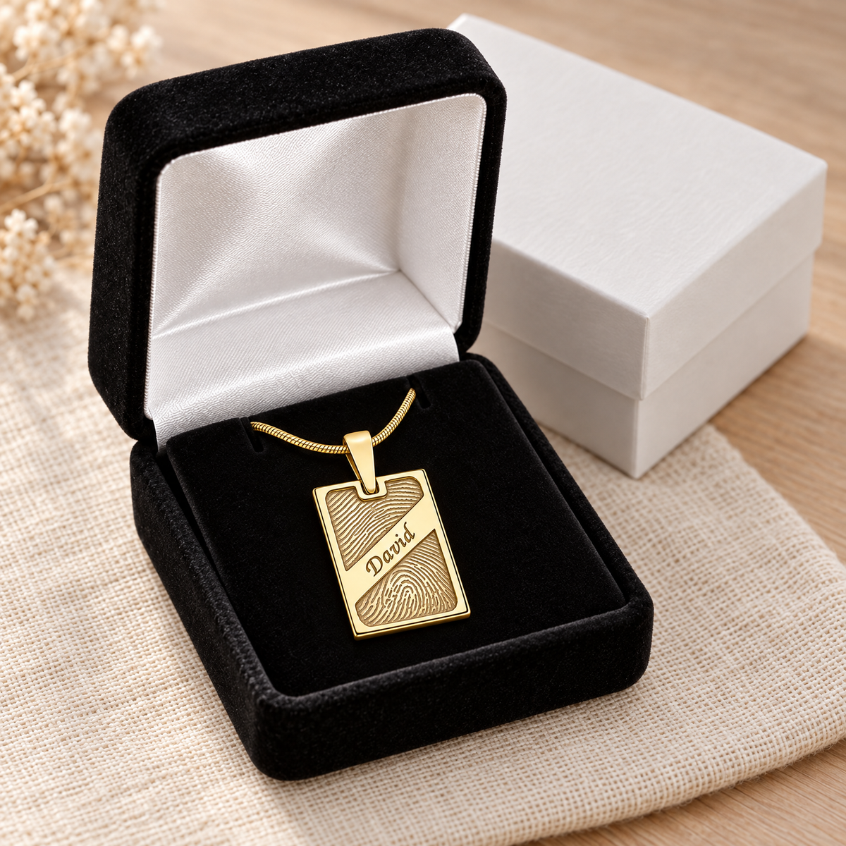 Gold Plated Sterling Silver Memorial Rectangle Fingerprint Necklace — gift box — evr4834g