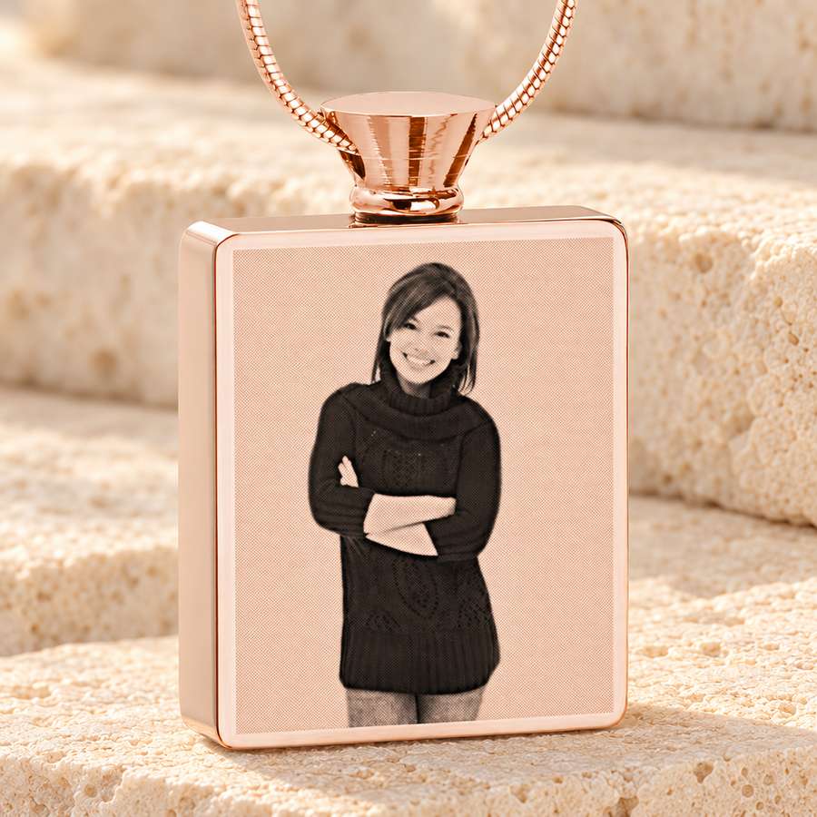 Rectangle Rose Gold Plated Photo Engraved Ash Pendant