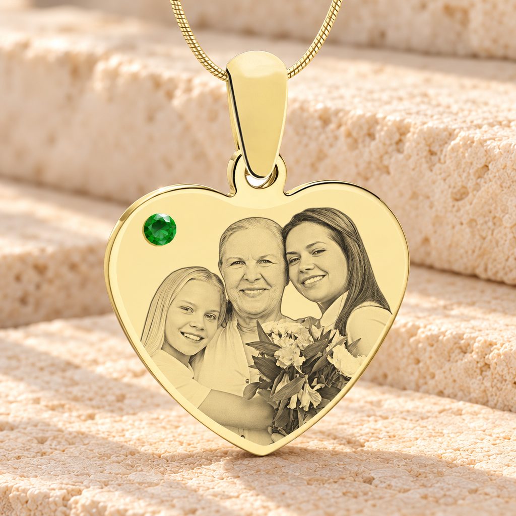 May Birthstone Heart Photo Engraved Gold Plated over Stainless Keepsake — main product image