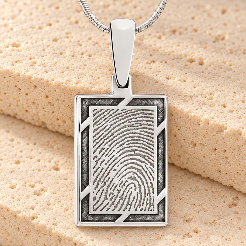 Solid 14k White Gold Framed Rectangle Fingerprint Necklace
