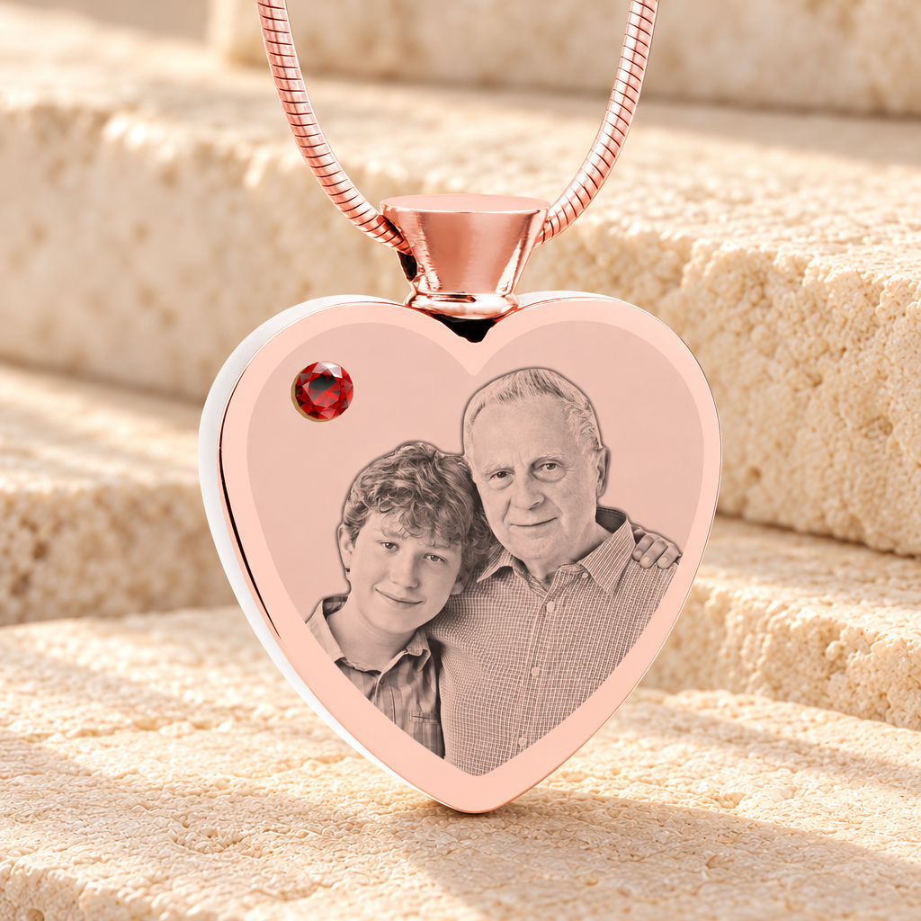 January Birthstone Heart Rose Gold Plated Picture Engraved Ash Pendant — main product image
