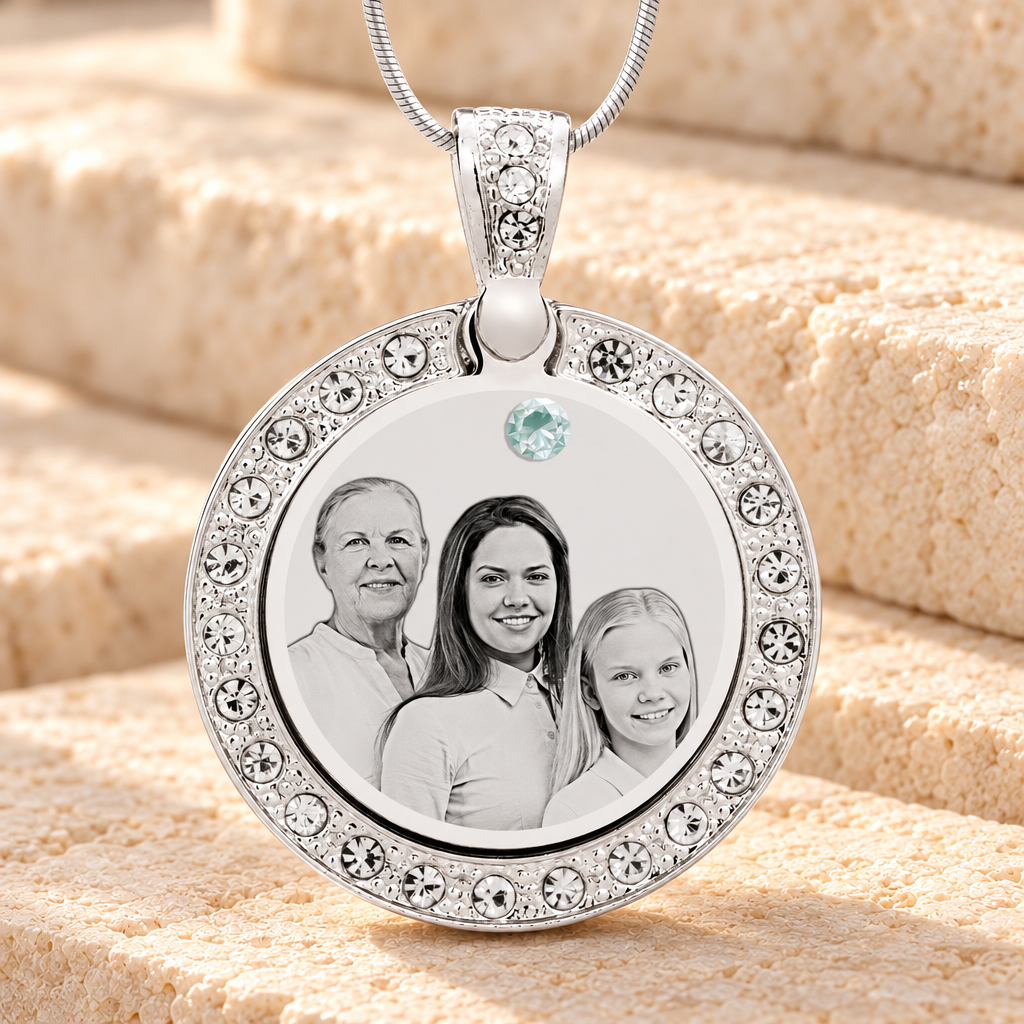 Birthstone Gem Circle April Photo Engraved Stainless Keepsake — main product image