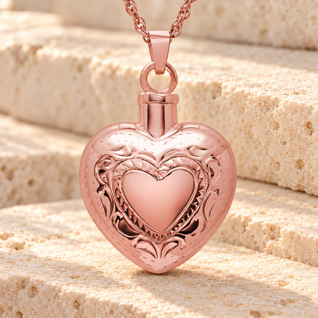 14K Rose Gold Etched Double Heart Cremation Urn Keepsake — main product image