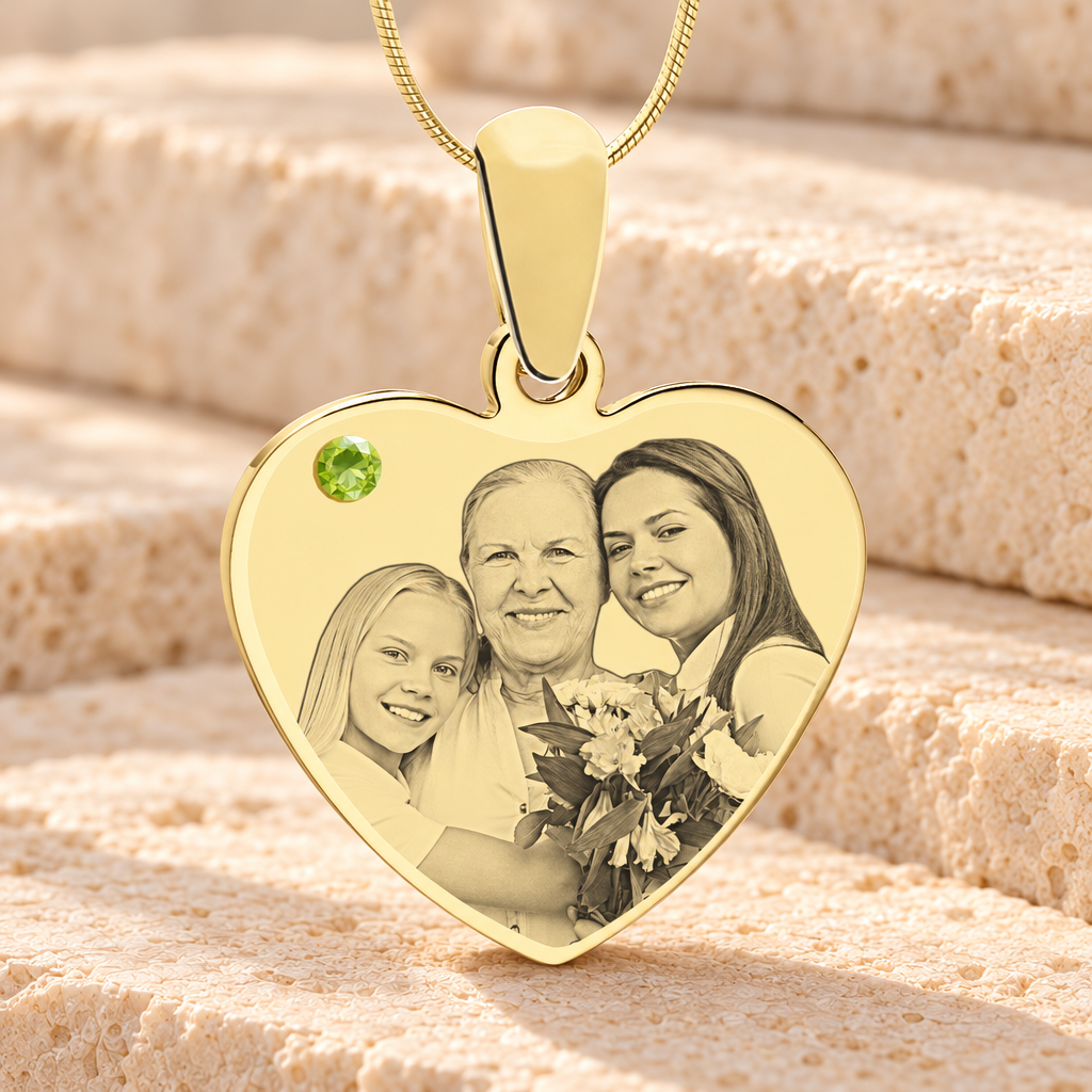 August Birthstone Heart Photo Engraved Gold Plated over Stainless Keepsake — main product image