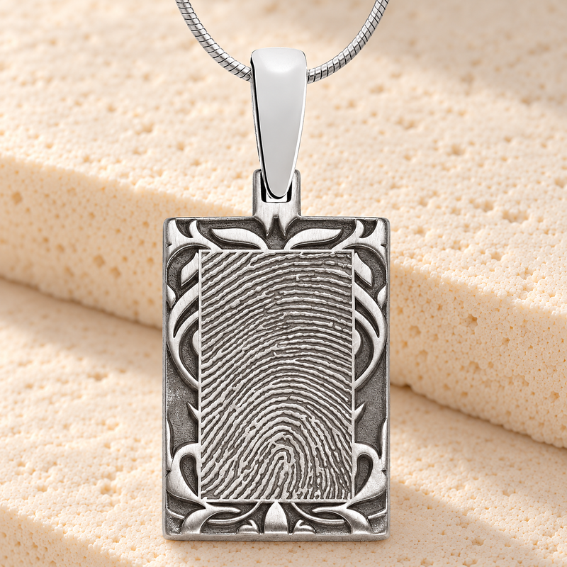 Carved Solid 14k White Gold Rectangle Fingerprint Necklace