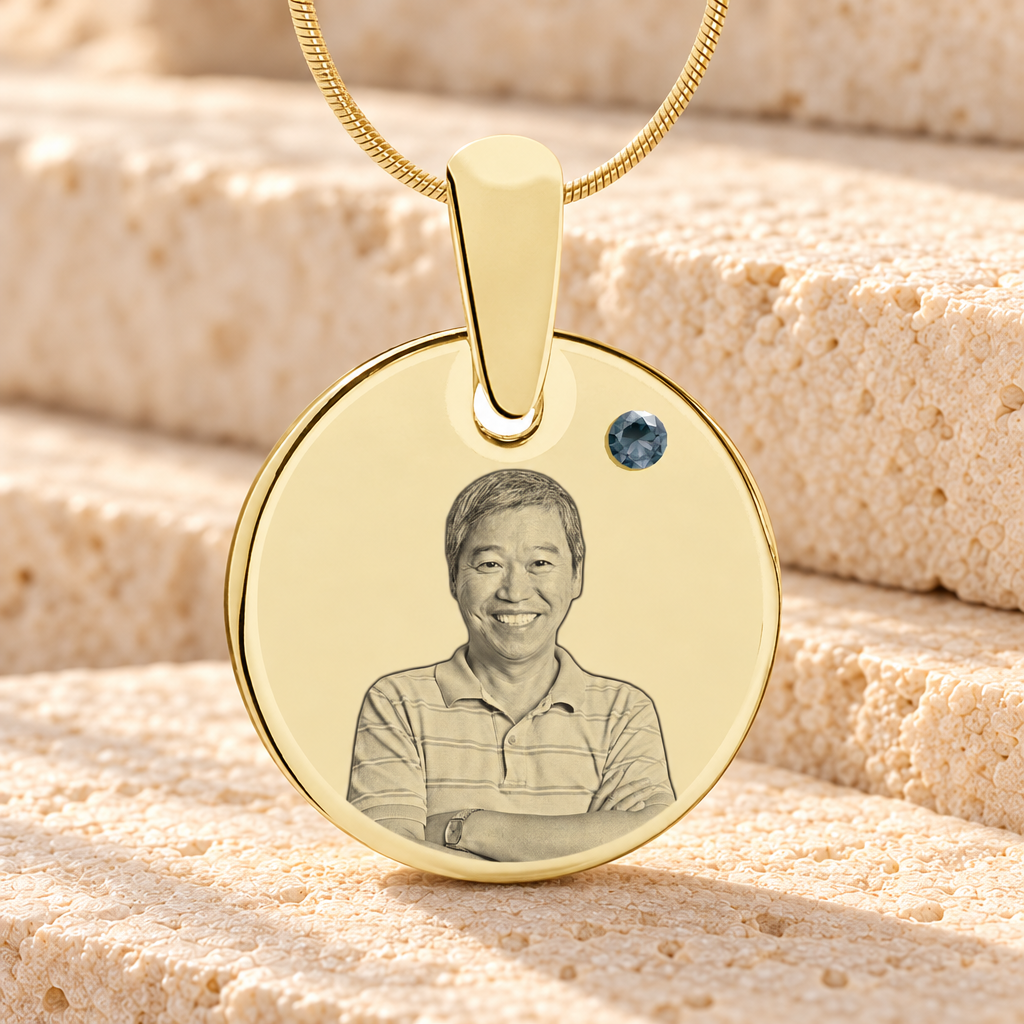 Birthstone Round December Photo Engraved Gold Plated over Stainless Keepsake — main product image