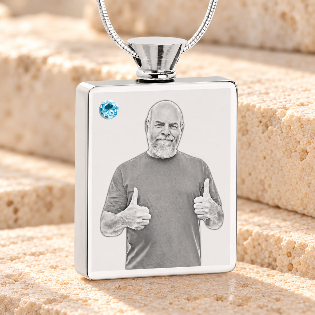 March Birthstone Rectangle Stainless Steel Photo Engraved Ash Pendant — main product image