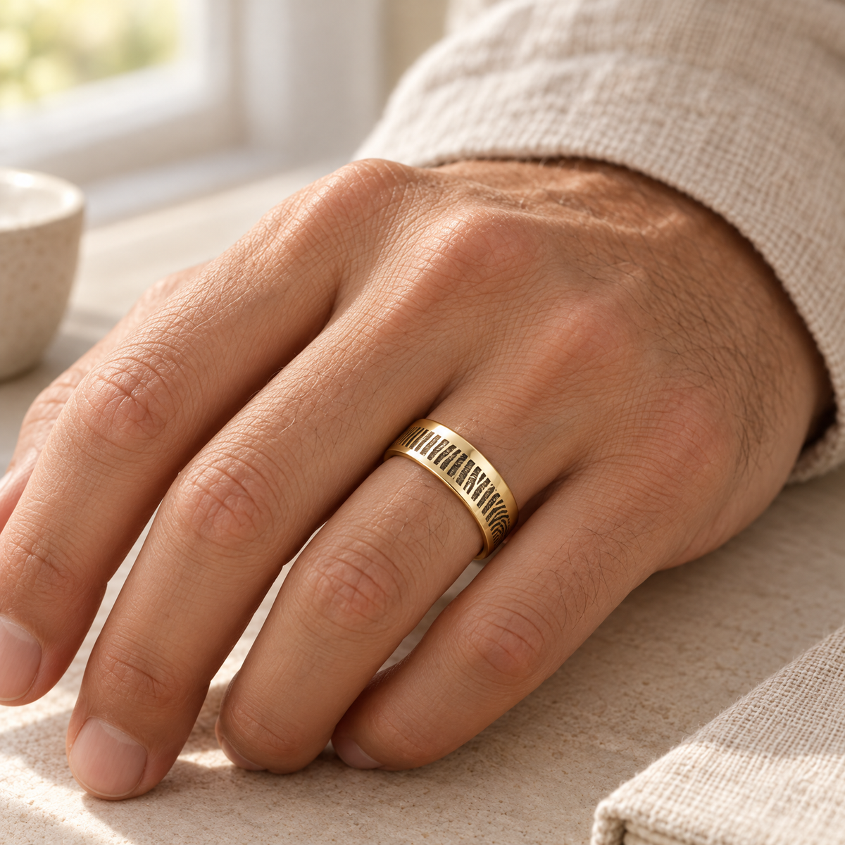 Men's Slender Line Solid 14k Gold Fingerprint Ring — lifestyle — evr30003kg