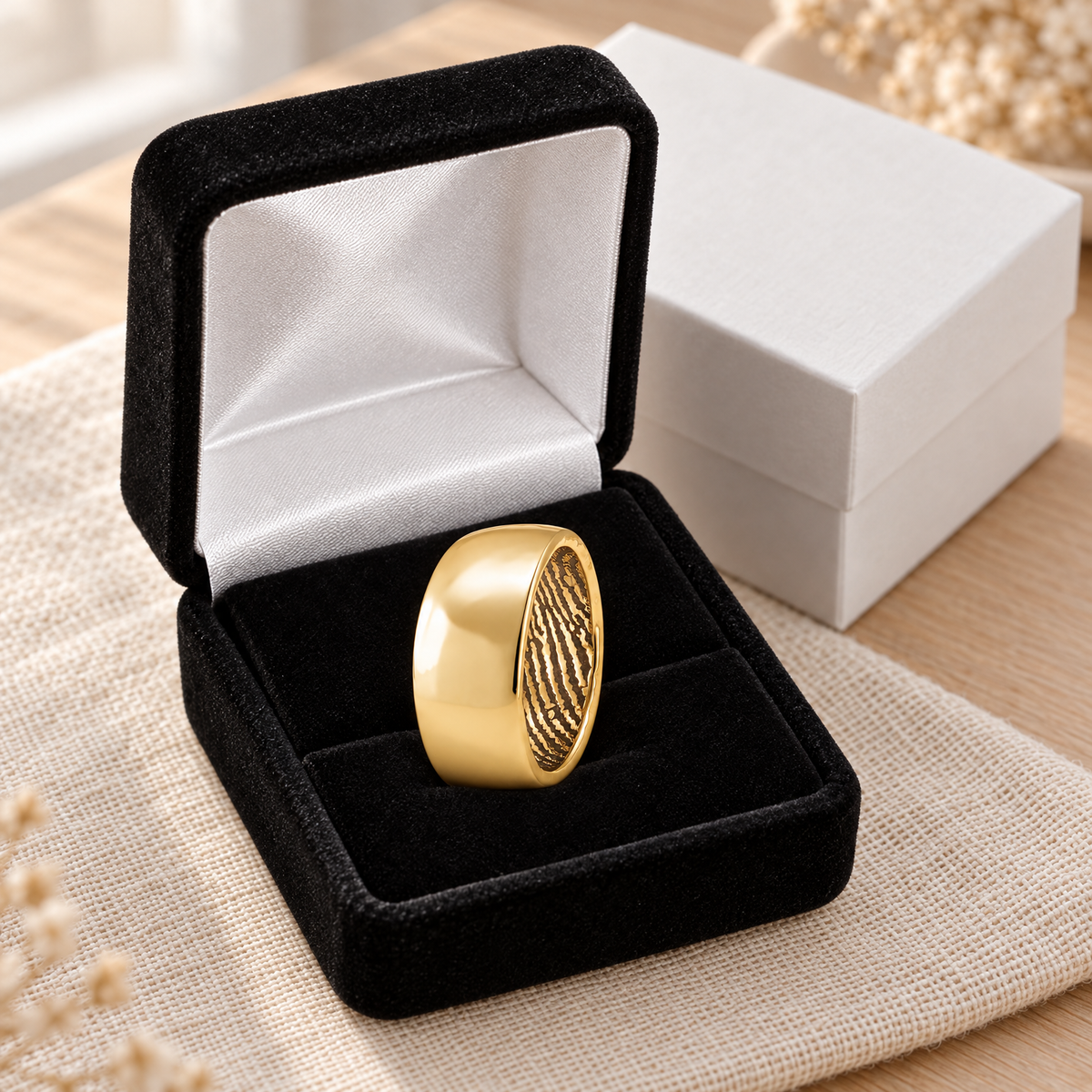 Solid 14k Gold Shaped Men's Band with Fingerprint Ring — gift box — evr30007kg