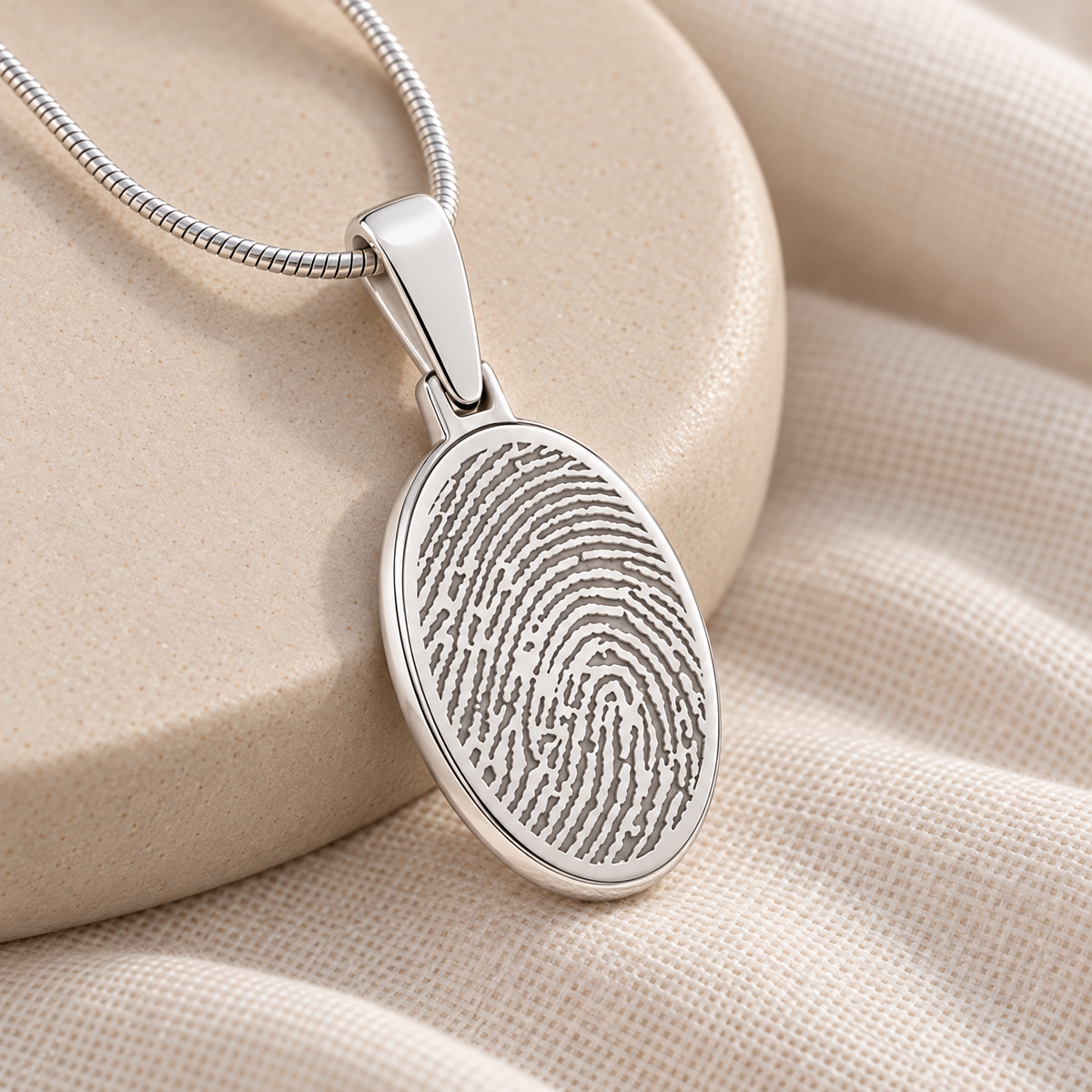 Solid 14k White Gold Oval Fingerprint Necklace — alternate view — evr4730wg