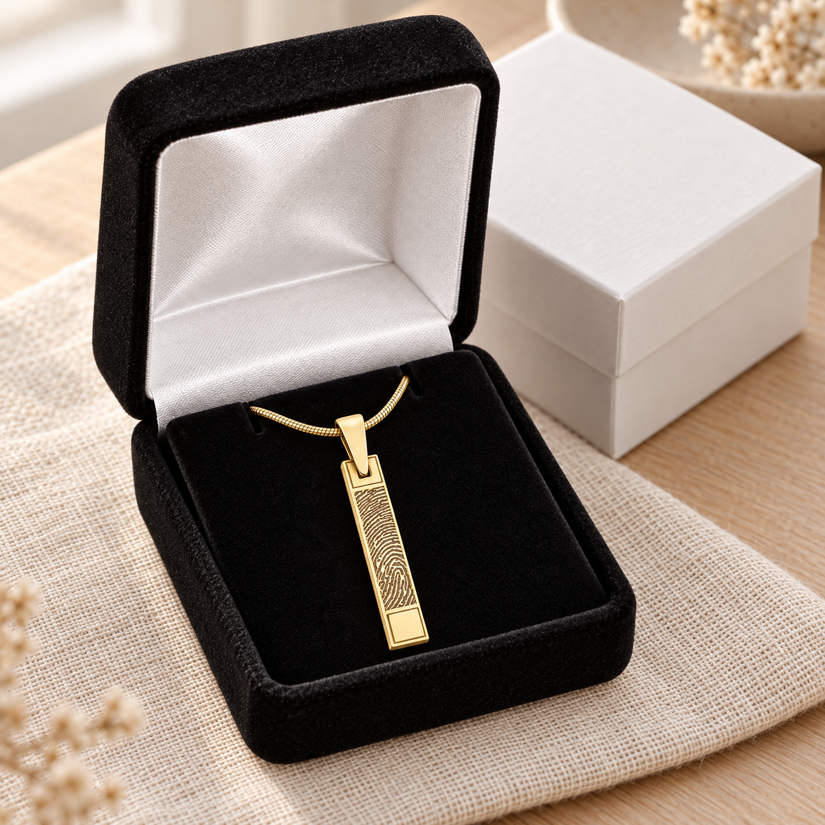 Solid 14k Gold Barred Fingerprint Necklace — gift box — evr4732kg