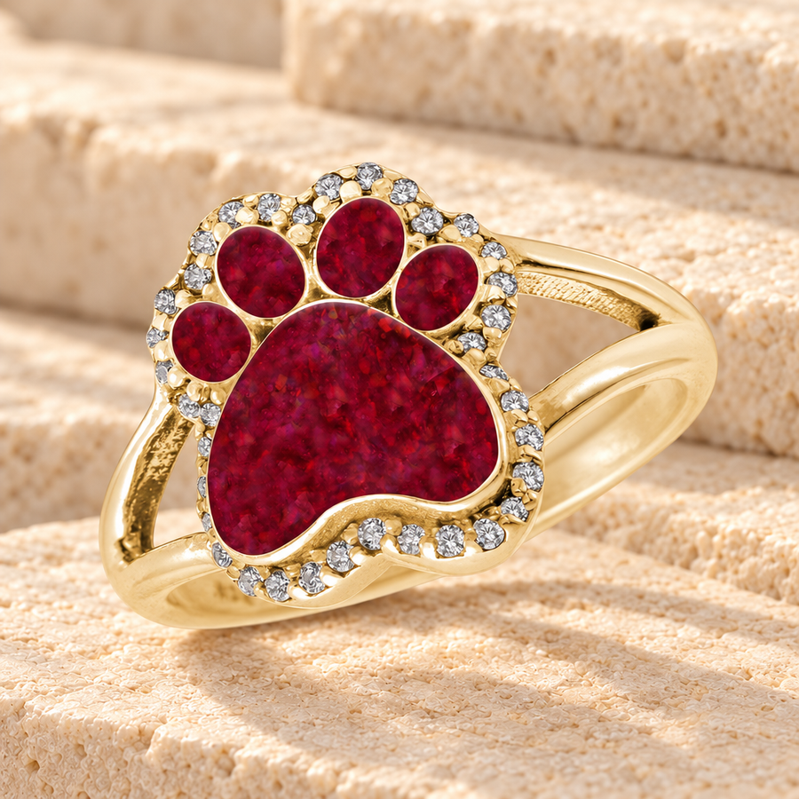 Solid 14K Gold Women's Paw Print Ash Ring with Scarlet Pearl Opal
