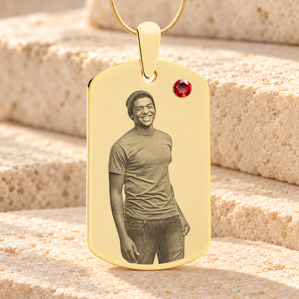 Birthstone Large Dog Tag January Photo Engraved Gold Plated over Stainless Keepsake — main product image