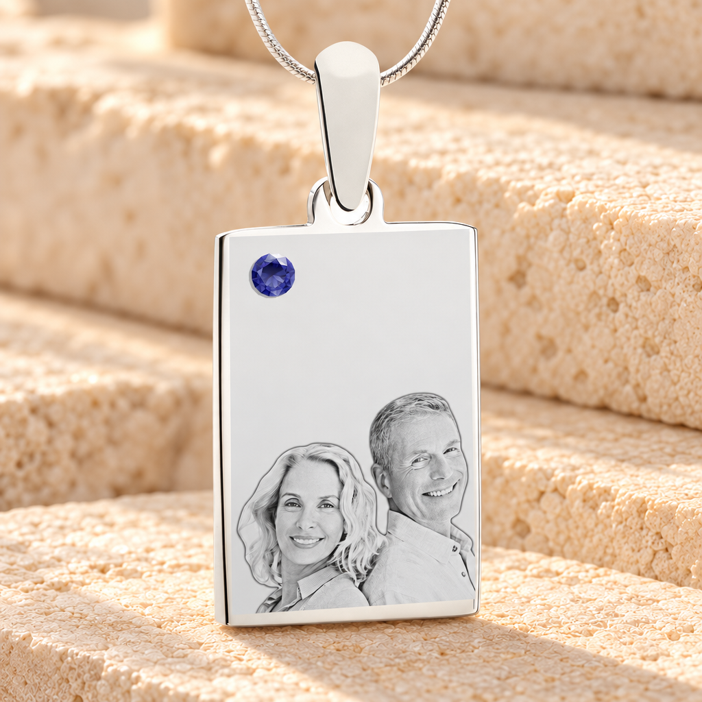 September Birthstone Rectangle Photo Engraved Stainless Keepsake — main product image