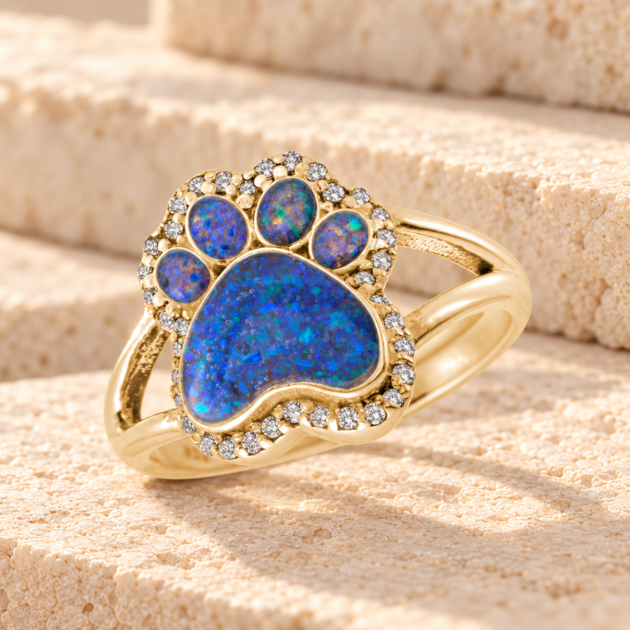 Solid 14K Gold Women's Paw Print Ash Ring with Opal Blue Waters