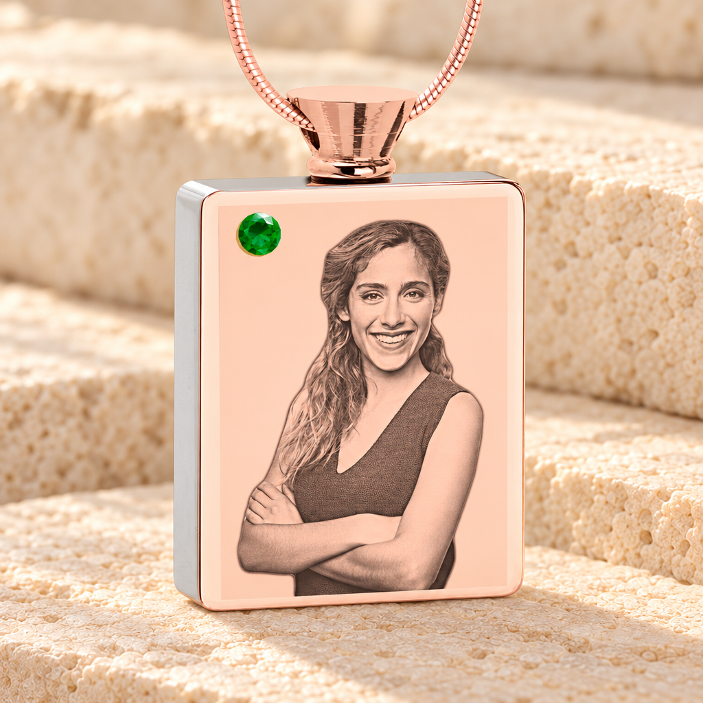 May Birthstone Rectangle Rose Gold Plated Photo Engraved Ash Pendant — main product image