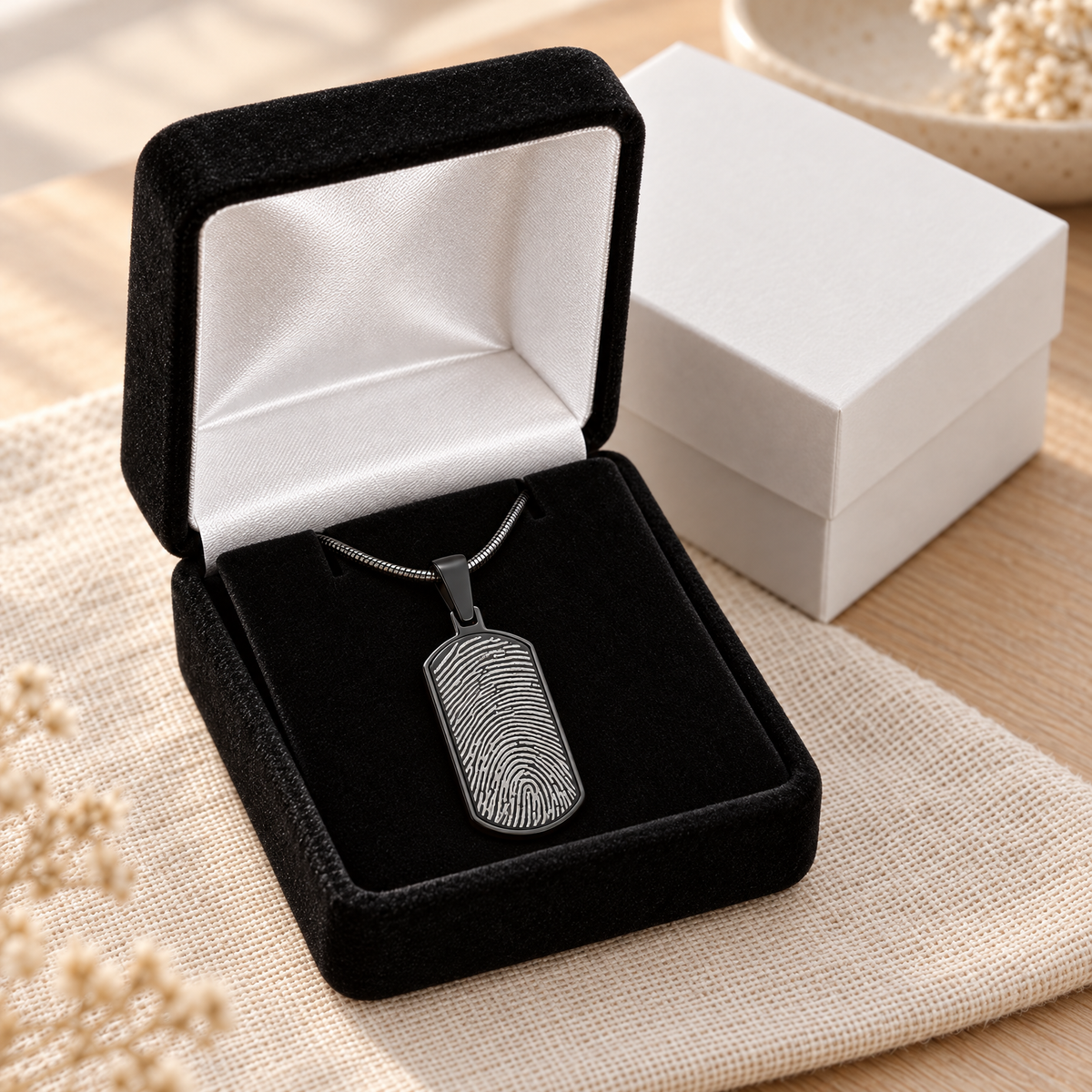 Dog Tag Black Plated Fingerprint Necklace — gift box — evr4708bl