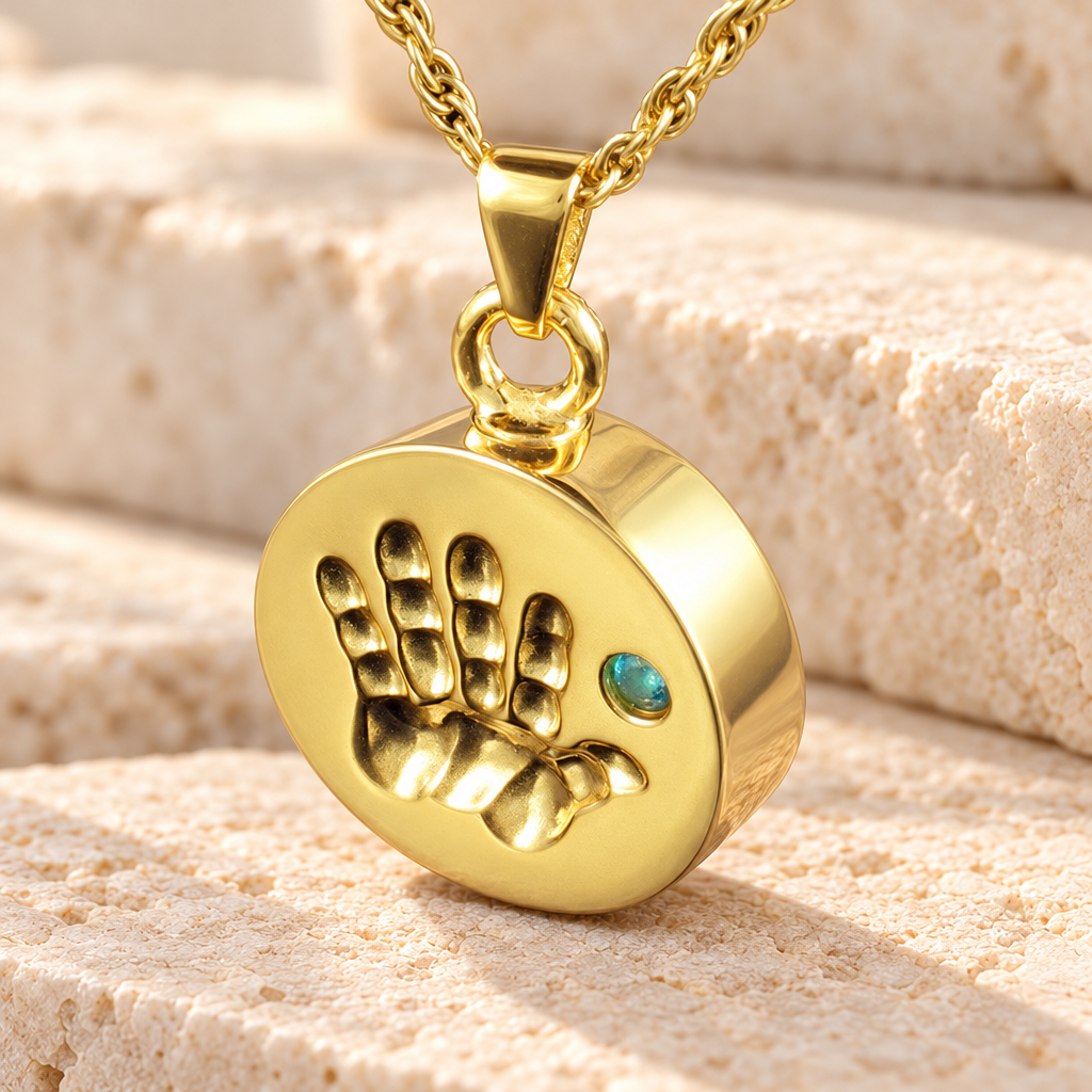 Gold Plated Tiny Hand Blue Urn Pendant — main — evr997gv