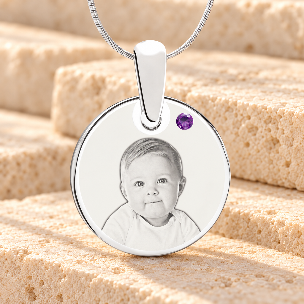 Birthstone Round February Photo Engraved Stainless Keepsake — main product image