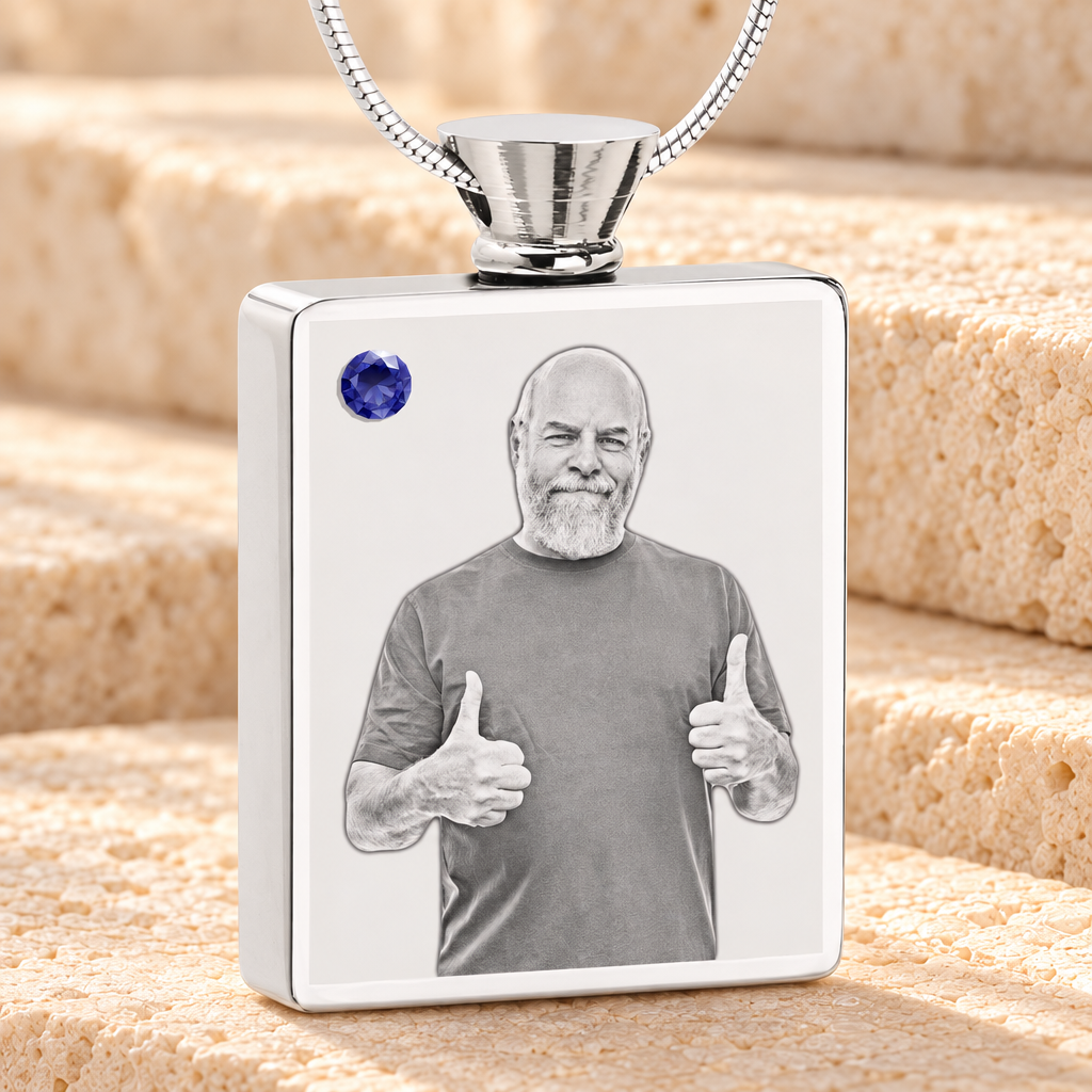 September Birthstone Rectangle Stainless Steel Photo Engraved Ash Pendant — main product image