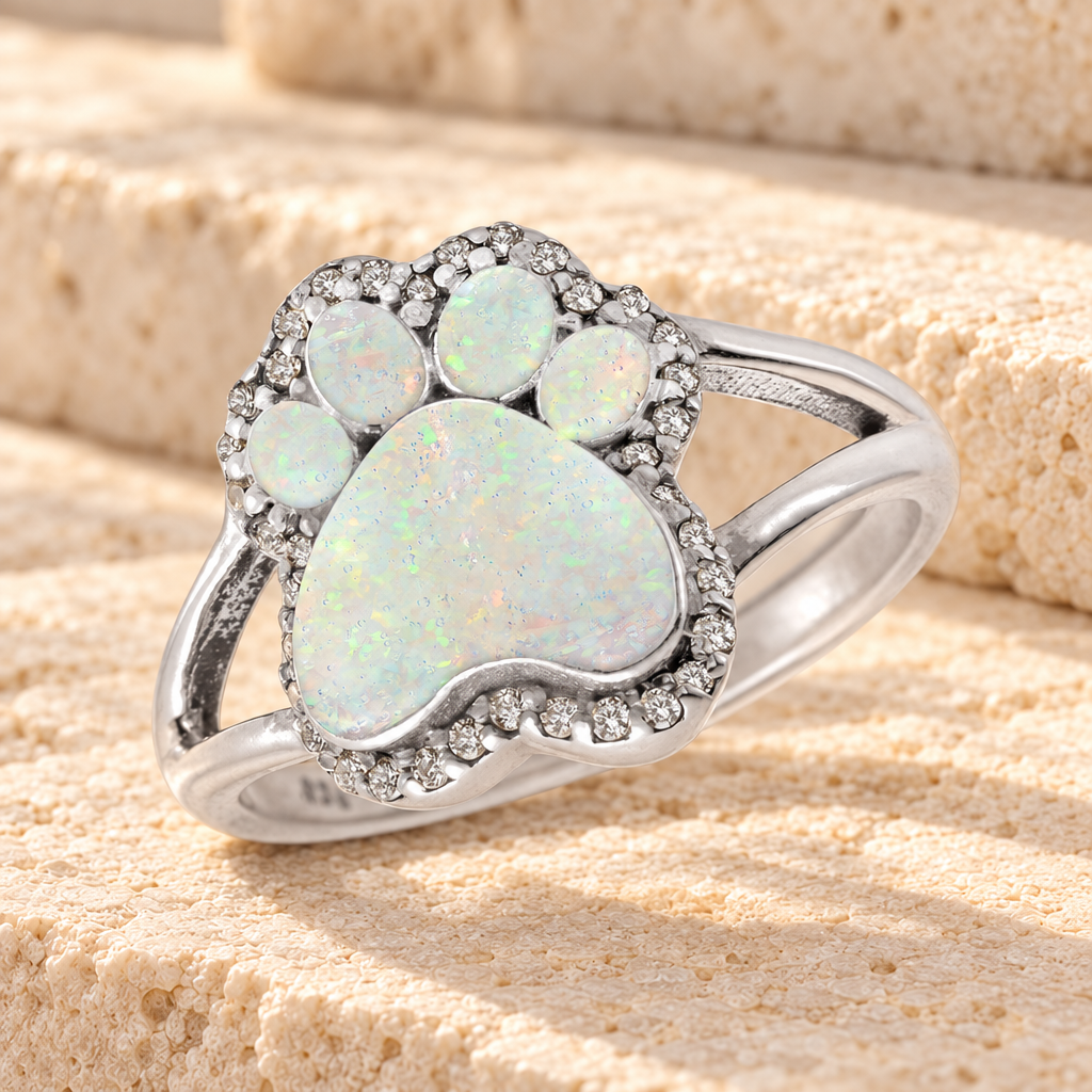 Women's Sterling Silver Paw Print Ash Ring with Crushed Cream Opal — main product image