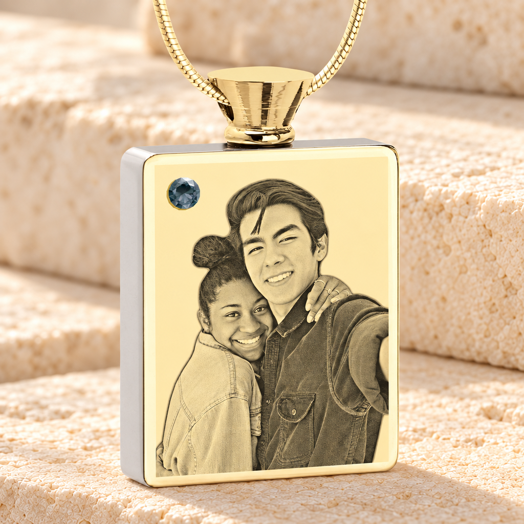 December Birthstone Rectangle Gold Plated Photo Engraved Ash Pendant — main product image