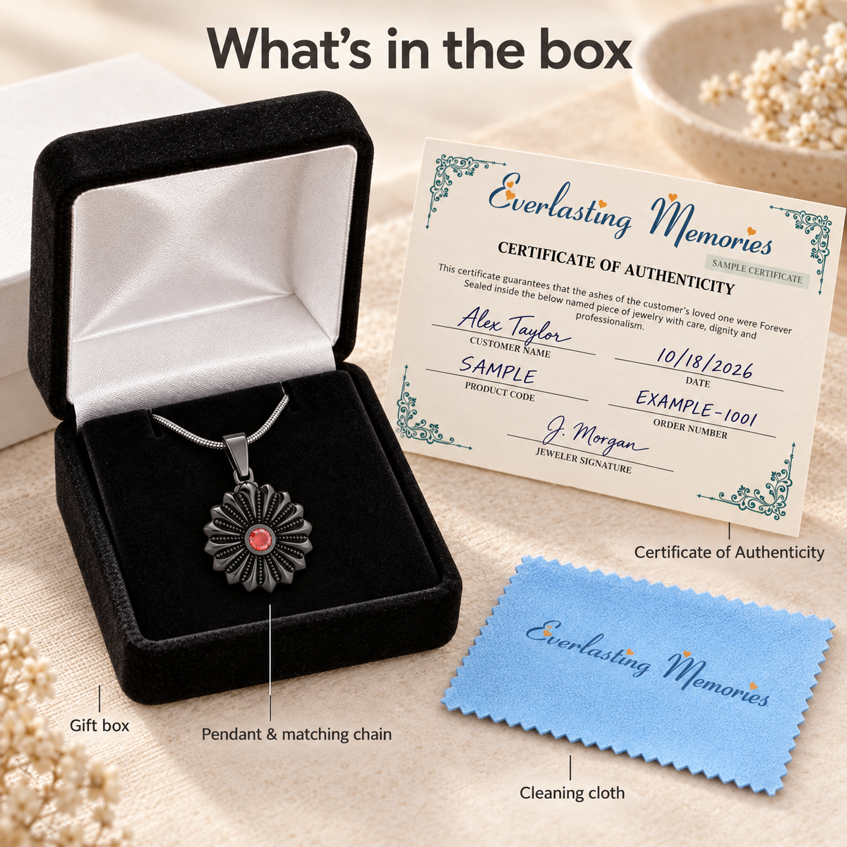 Black Plated Birthstone Flowers Forever Sealed Memorial Jewelry — whats in box — evr20004blfs