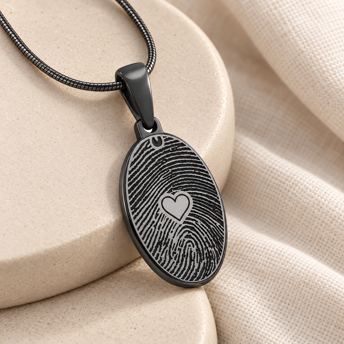 Black Plated Sterling Silver Loved Oval Fingerprint Necklace — alternate view — evr4823b