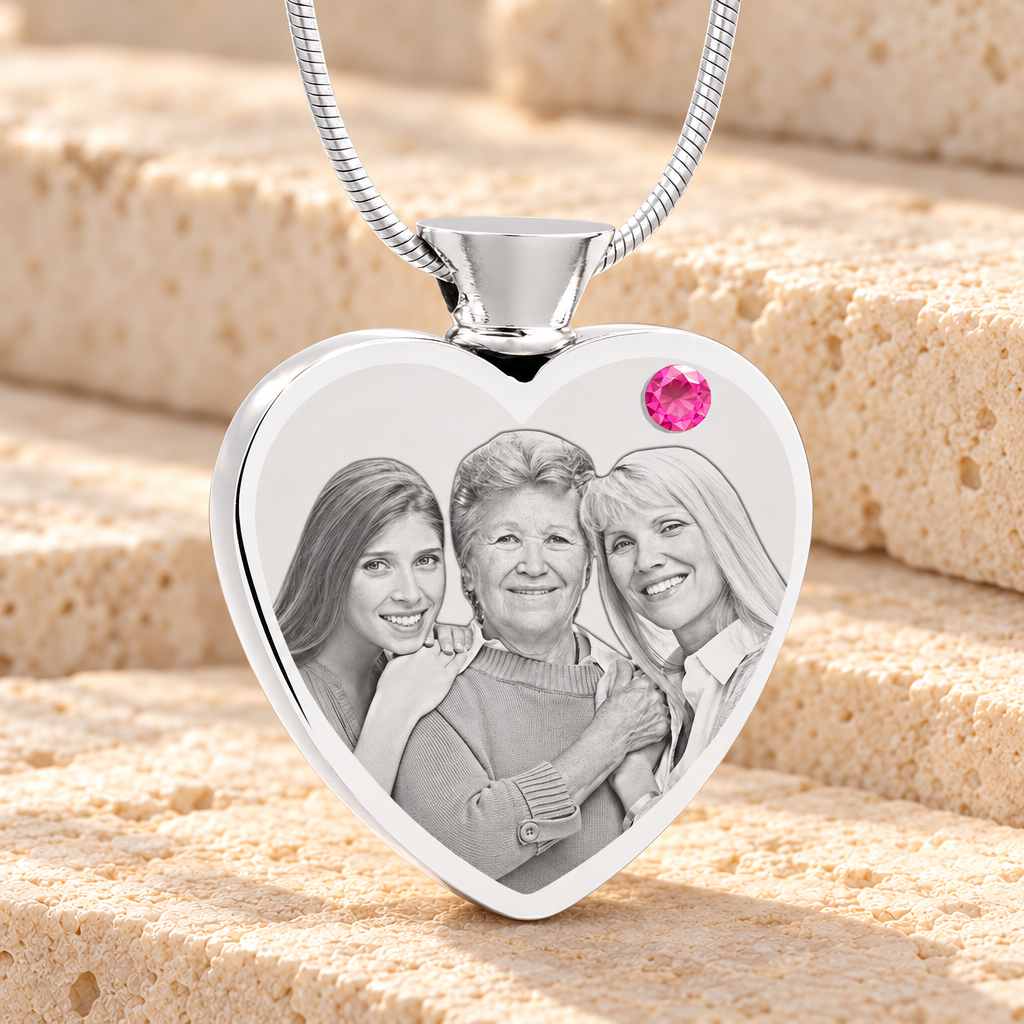 October Birthstone Heart Stainless Steel Picture Engraved Ash Pendant — main product image