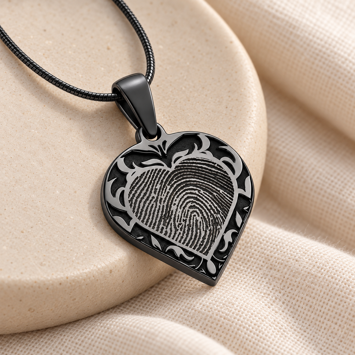 Black Plated Sterling Silver Carved Heart Fingerprint Necklace — alternate view — evr4832b