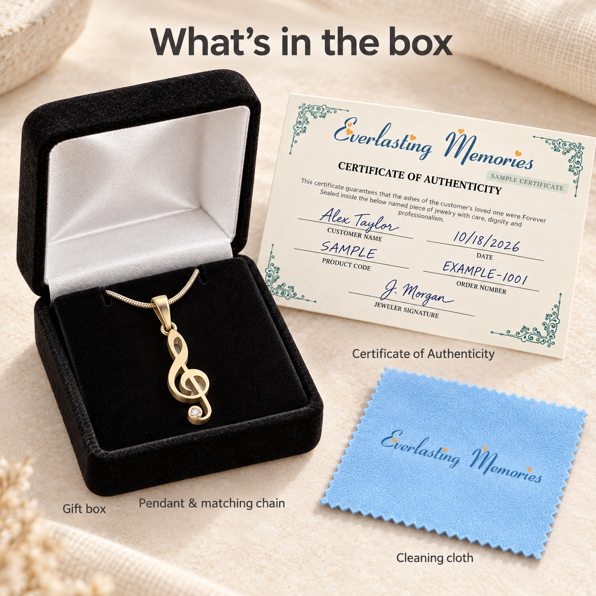 Solid 14k Gold Music Note Forever Sealed Memorial Jewelry — whats in box — evr20062kgfs