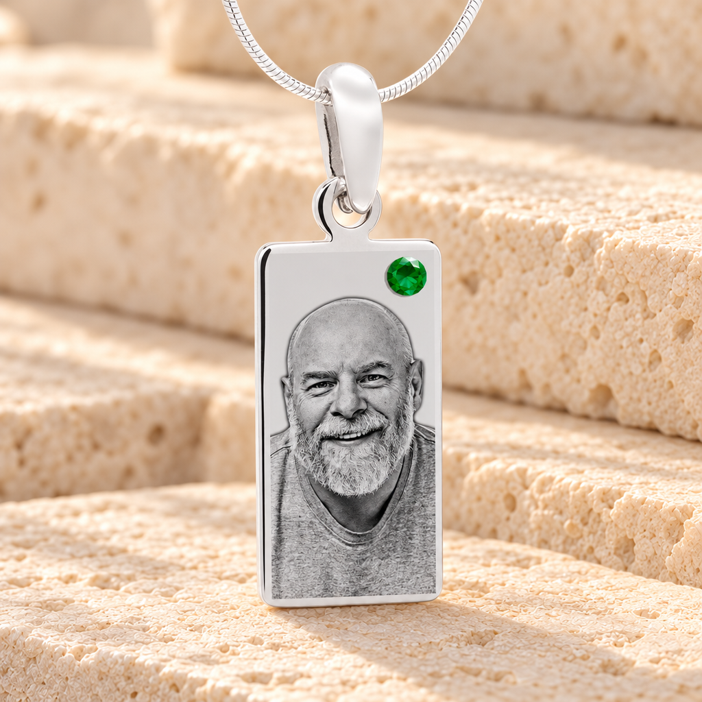May Birthstone Stainless Steel Tower Photo Pendant — main product image