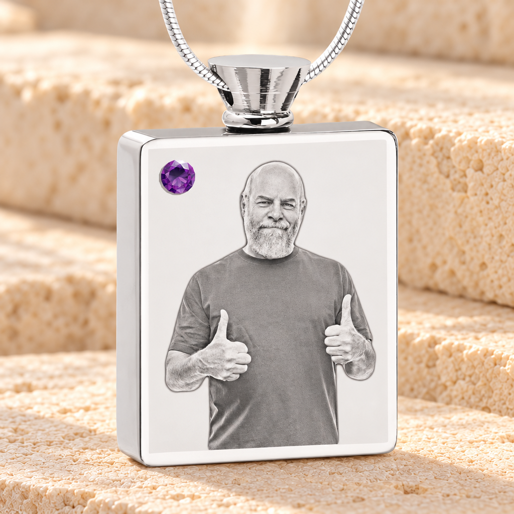 February Birthstone Rectangle Stainless Steel Photo Engraved Ash Pendant — main product image