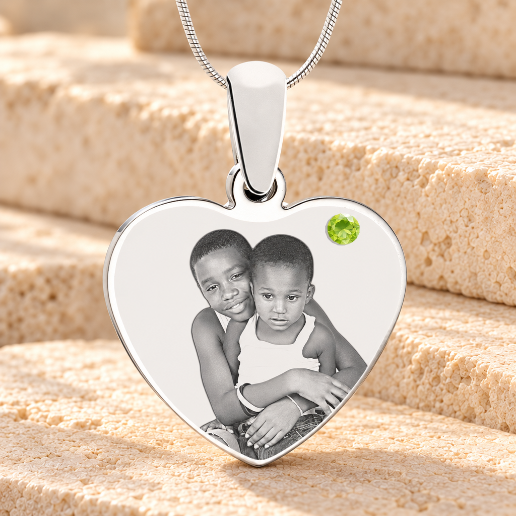 August Birthstone Heart Photo Engraved Stainless Keepsake — main product image