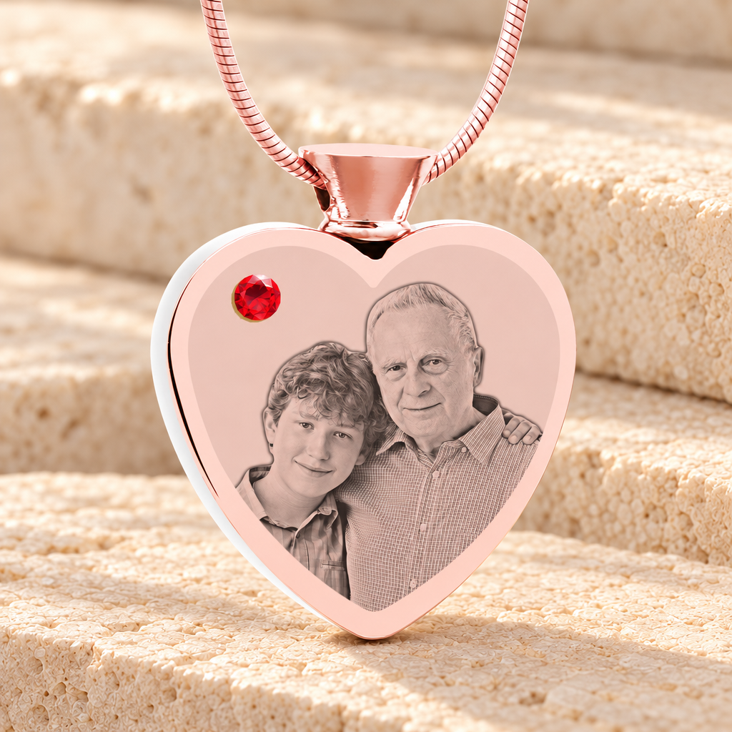 July Birthstone Heart Rose Gold Plated Picture Engraved Ash Pendant — main product image