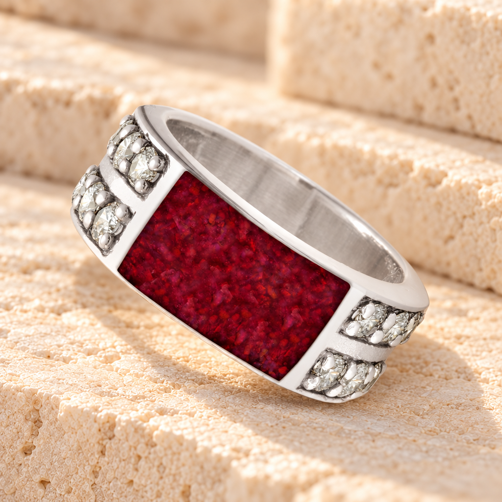 Men's Sterling Silver Yellowstone Ash Ring with Scarlet Pearl Opal — main product image