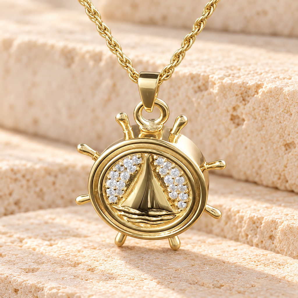 14K Gold Plated Captains Wheel Urn Necklace — main — evr593gv