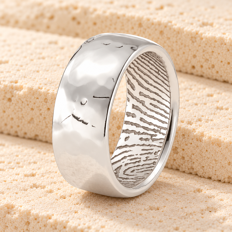 Men's Decorative Solid 14k White Gold Fingerprint Ring