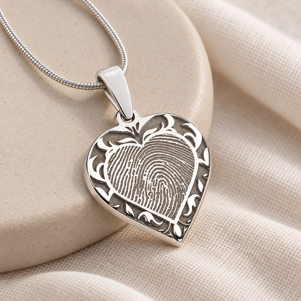 Solid 14k White Gold Carved Heart Fingerprint Necklace — alternate view — evr4832wg