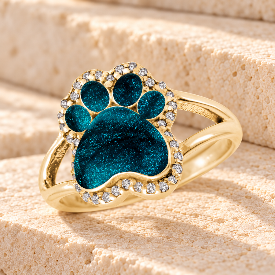 Solid 14K Gold Women's Paw Print Ash Ring with Aqua