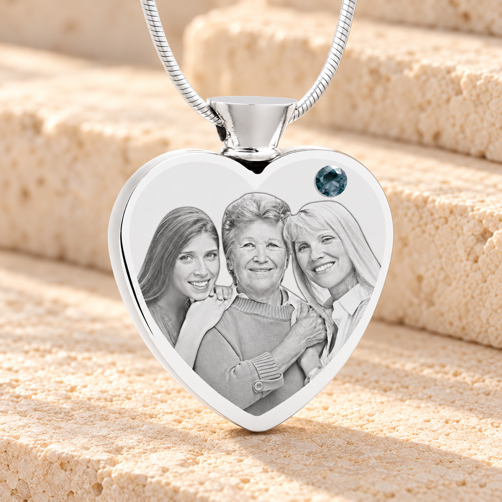 December Birthstone Heart Stainless Steel Picture Engraved Ash Pendant — main product image
