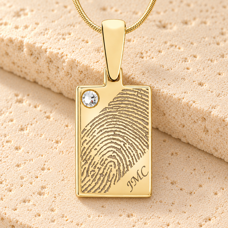 Solid 14k Gold Birthstone Rectangle Fingerprint Necklace