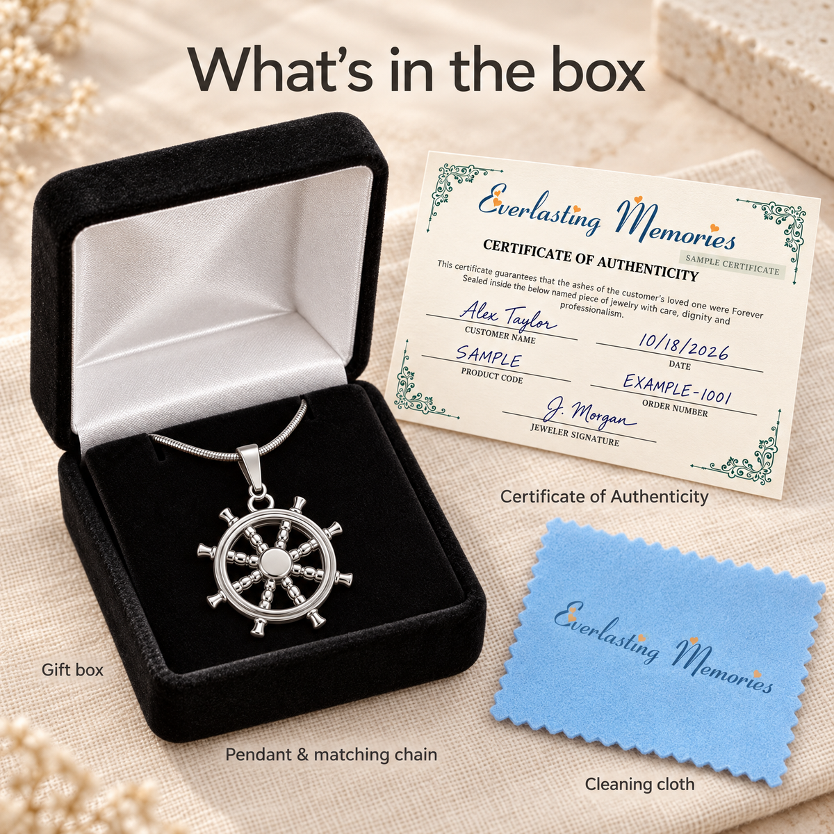 Solid 14k White Gold Ships Wheel Forever Sealed Memorial Jewelry — whats in box — evr20054wgfs