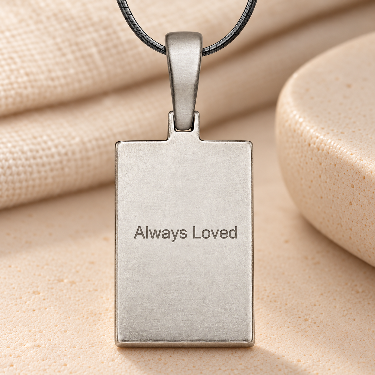 Carved Antique Sterling Silver Rectangle Fingerprint Necklace — rear engraving — evr4821as