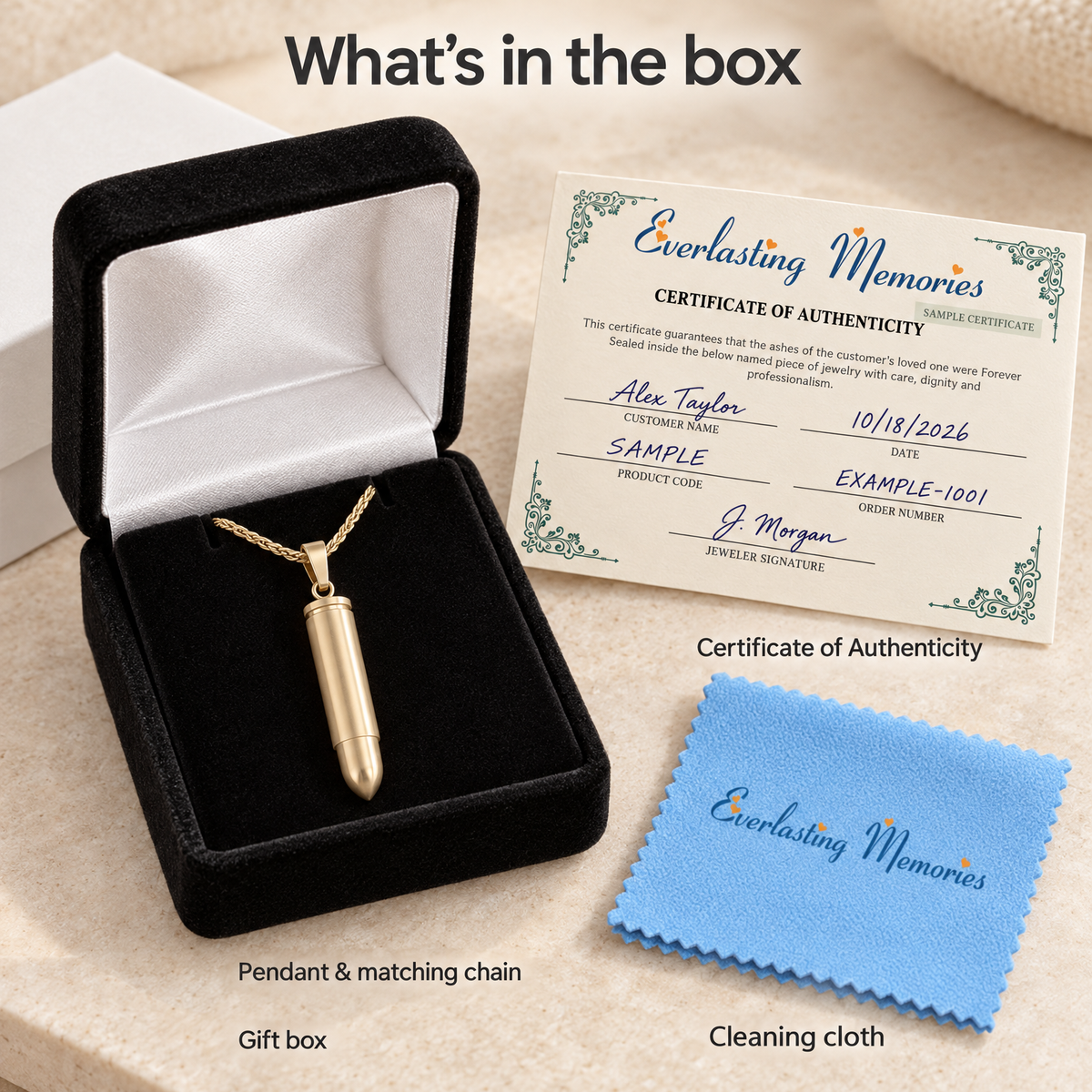 Solid 14k Gold Bullet Forever Sealed Memorial Jewelry — whats in box — evr6766kgfs