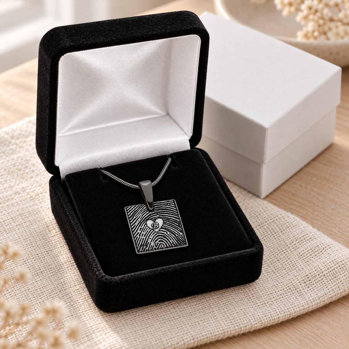 Black Plated Sterling Silver Initial Square Fingerprint Necklace — gift box — evr4829b