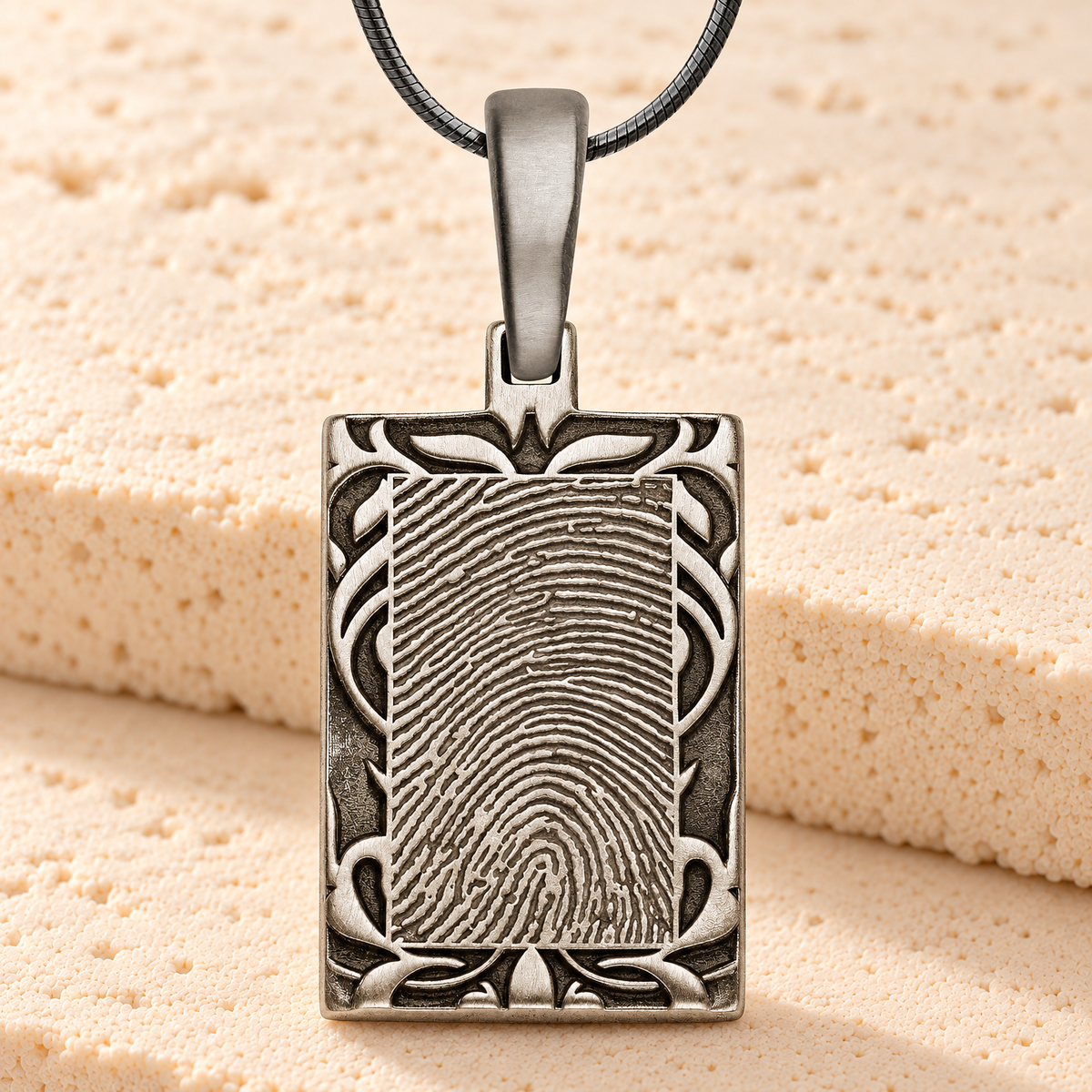 Carved Antique Sterling Silver Rectangle Fingerprint Necklace — main — evr4821as